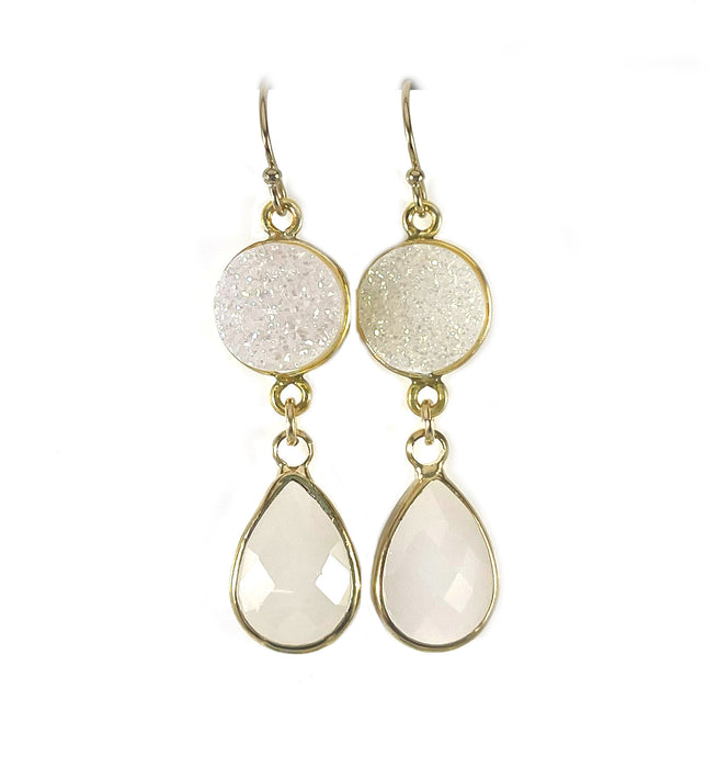 White Druzy & Glass Drop Earrings – 14k Gold Filled, 1.75” Sparkling Dangles
