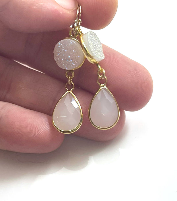 White Druzy & Glass Drop Earrings – 14k Gold Filled, 1.75” Sparkling Dangles