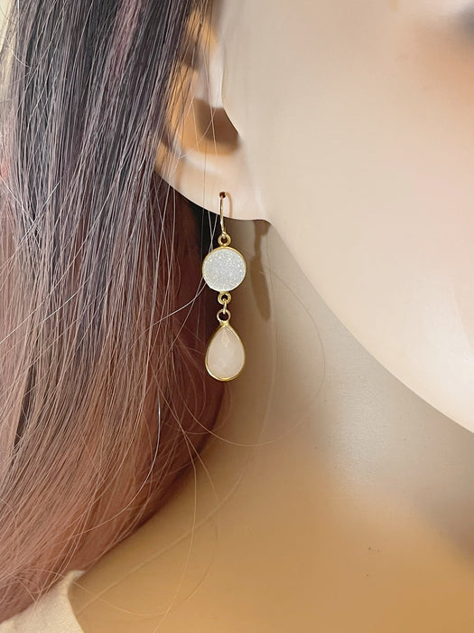 White Druzy & Glass Drop Earrings – 14k Gold Filled, 1.75” Sparkling Dangles