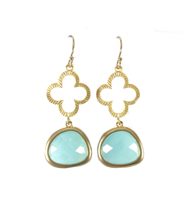 Gold Clover & Aqua Glass Drop Earrings – 14k Gold Filled Earwires, 1.5”