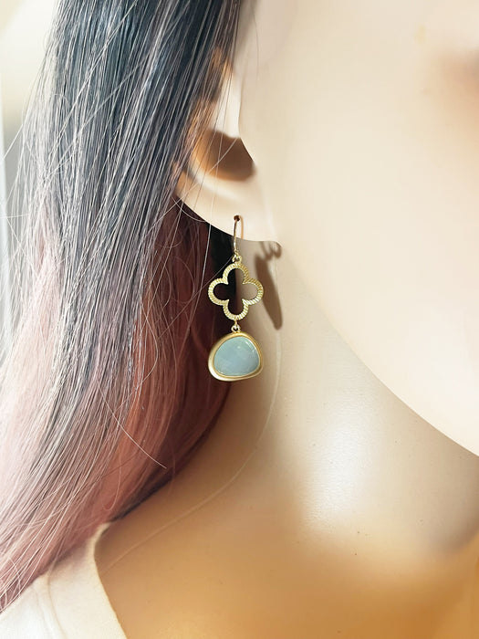 Gold Clover & Aqua Glass Drop Earrings – 14k Gold Filled Earwires, 1.5”