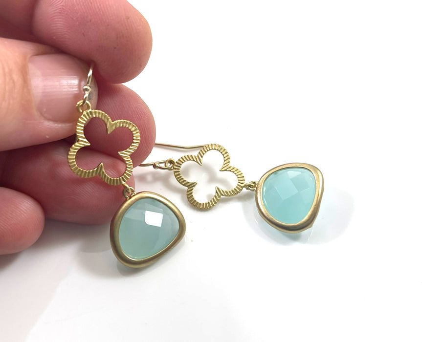 Gold Clover & Aqua Glass Drop Earrings – 14k Gold Filled Earwires, 1.5”