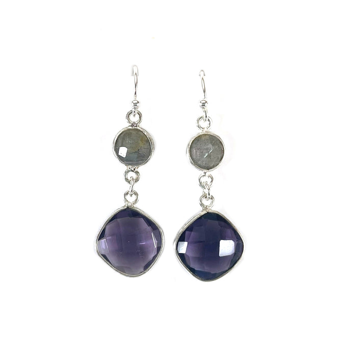 Amethyst & Labradorite Drop Earrings – Sterling Silver, 1.5”