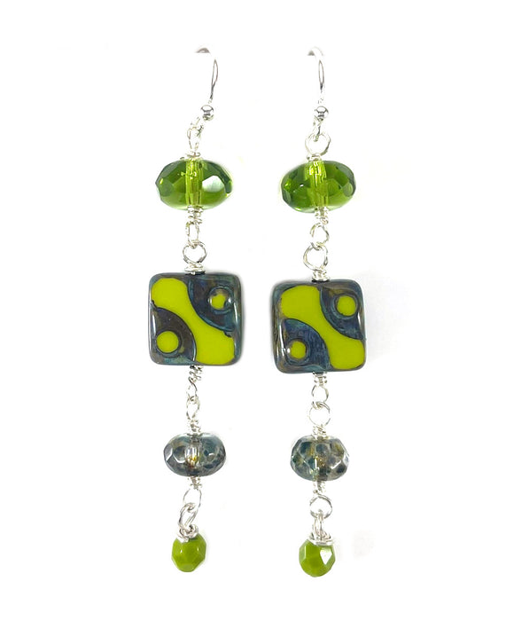 Funky Upcycled Czech Glass & Green Crystal Earrings – Sterling Silver, 2.25”