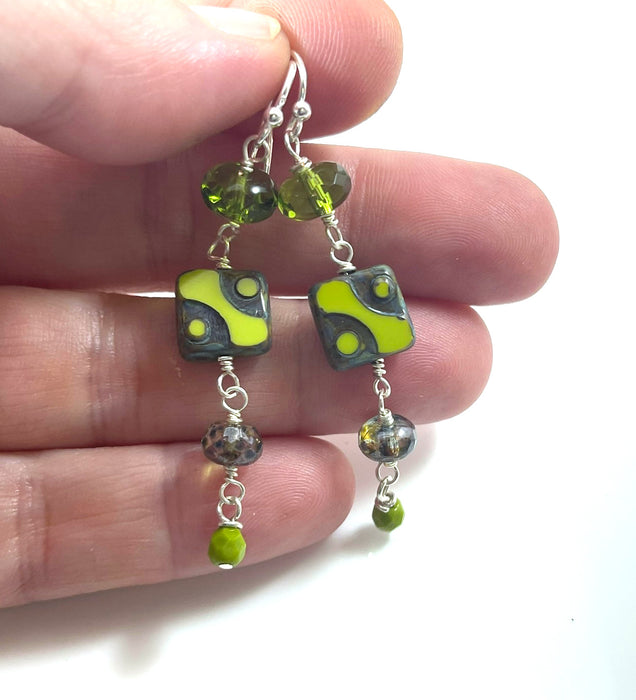 Funky Upcycled Czech Glass & Green Crystal Earrings – Sterling Silver, 2.25”