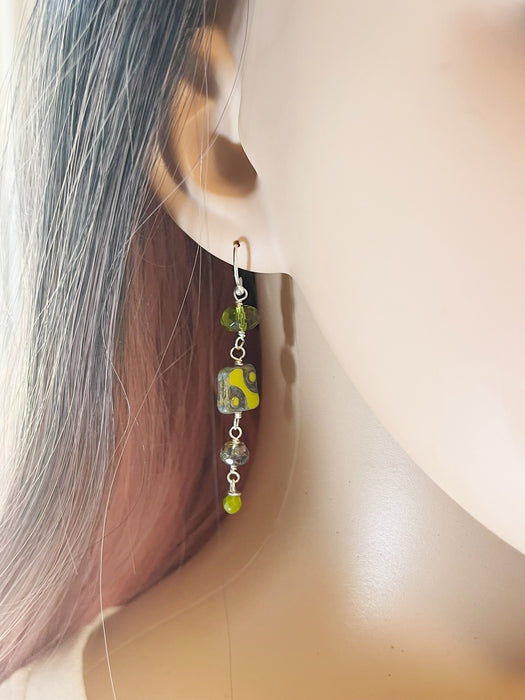 Funky Upcycled Czech Glass & Green Crystal Earrings – Sterling Silver, 2.25”