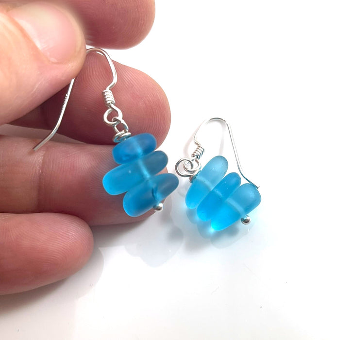 Aqua Blue Sea Glass Trio Stack Earrings – Sterling Silver, 1.25”
