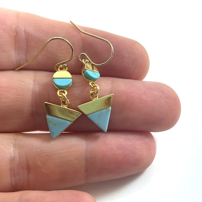 Geometric Faux Turquoise Drop Earrings – Gold Filled, 1.25”