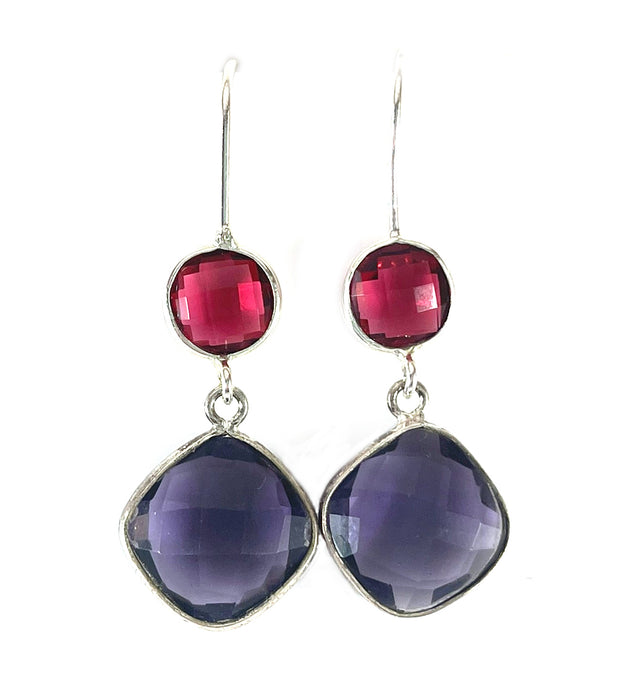 Ruby & Amethyst Hydro Quartz Drop Earrings – Sterling Silver, 1.5”