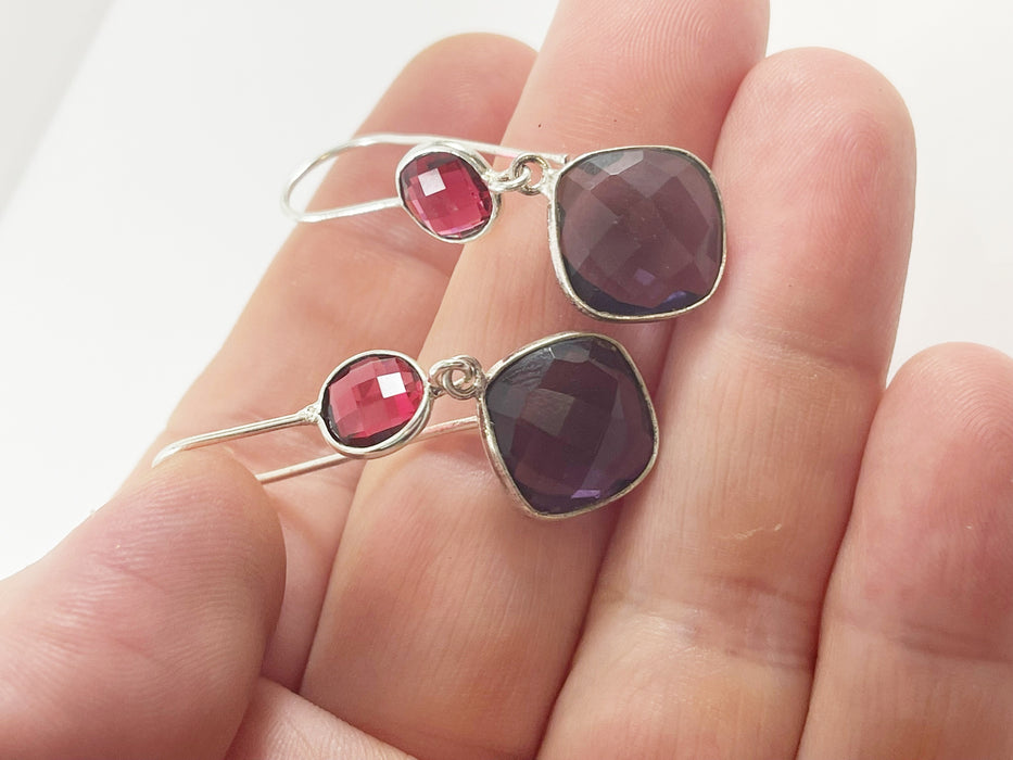 Ruby & Amethyst Hydro Quartz Drop Earrings – Sterling Silver, 1.5”