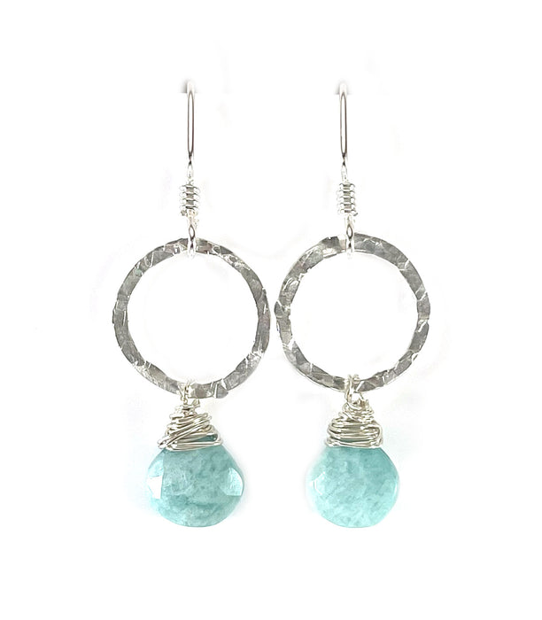 Hammered Sterling Circle & Amazonite Gemstone Earrings – 1.5”