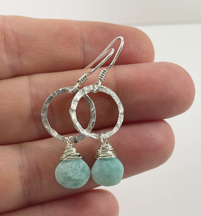 Hammered Sterling Circle & Amazonite Gemstone Earrings – 1.5”