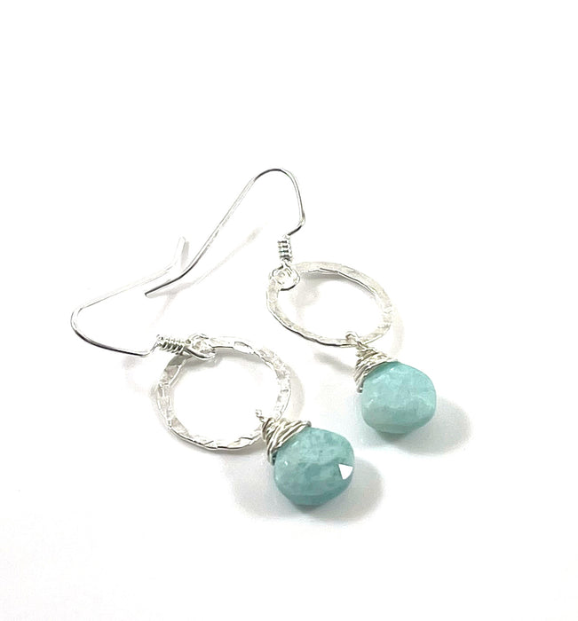 Hammered Sterling Circle & Amazonite Gemstone Earrings – 1.5”