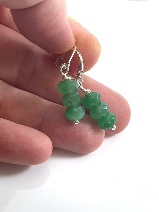 Green Jade Trio Drop Earrings – Sterling Silver Leverbacks, 1.5”