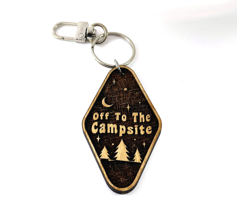 Off To The Campsite – Wooden Laser-Cut Keychain with Clip