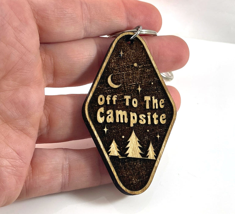 Off To The Campsite – Wooden Laser-Cut Keychain with Clip