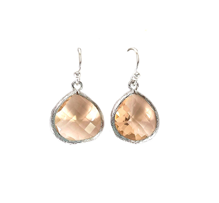 Peach Crystal Teardrop Sterling Silver Earrings – Faceted Drop Dangles, Handmade