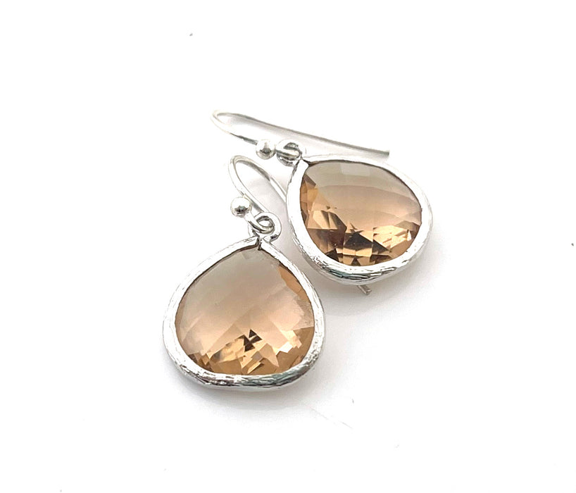 Peach Crystal Teardrop Sterling Silver Earrings – Faceted Drop Dangles, Handmade
