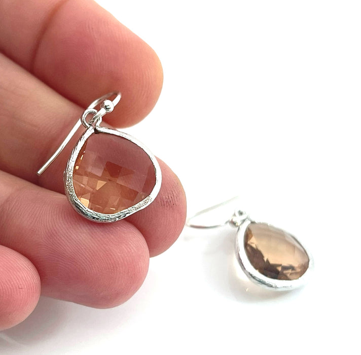 Peach Crystal Teardrop Sterling Silver Earrings – Faceted Drop Dangles, Handmade