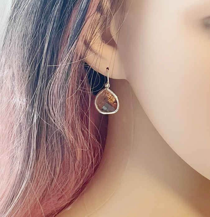 Peach Crystal Teardrop Sterling Silver Earrings – Faceted Drop Dangles, Handmade