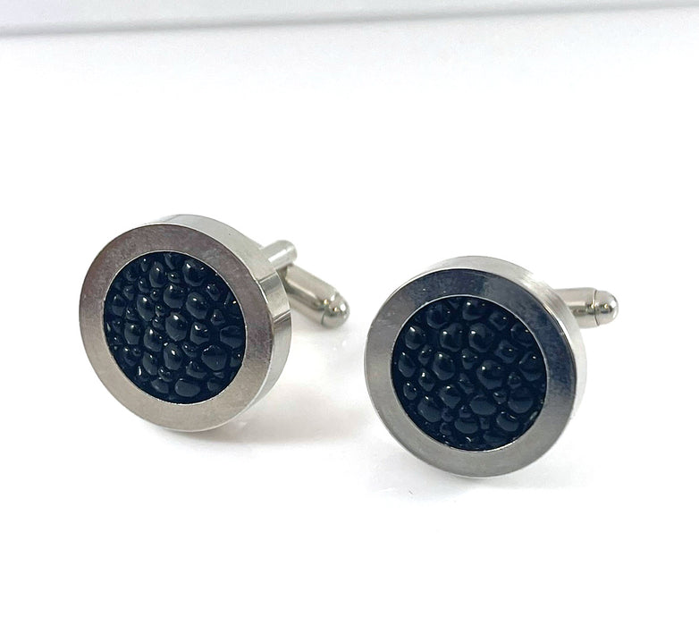 Upcycled Stingray Leather Cufflinks – Stainless Steel Round Men’s Cufflinks, Handmade in Raleigh
