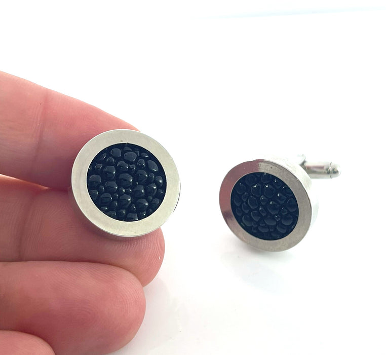 Upcycled Stingray Leather Cufflinks – Stainless Steel Round Men’s Cufflinks, Handmade in Raleigh