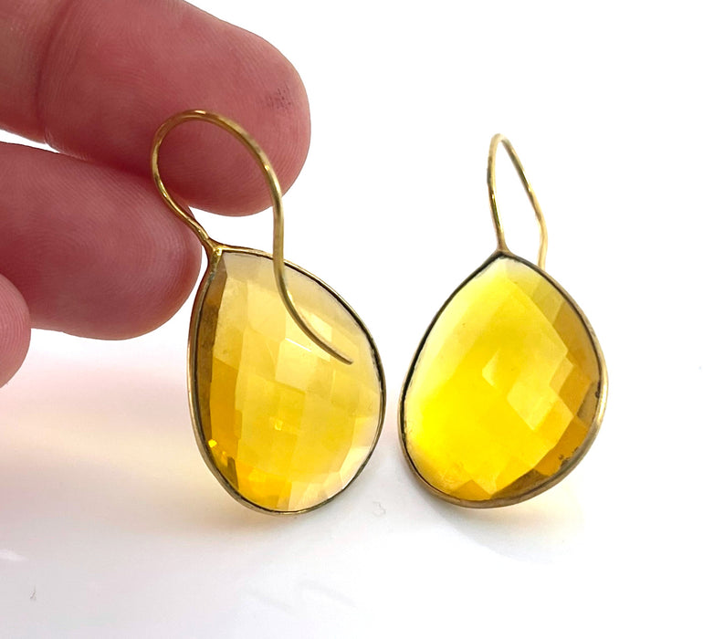 Citrine Teardrop Earrings – Gold Plated over Sterling Silver, Faceted Yellow Dangle Earrings (1.25”)