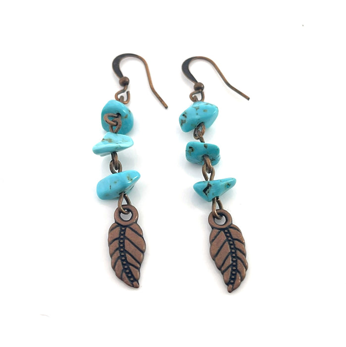 Turquoise & Copper Feather Earrings – Boho Gemstone Dangle Earrings, Handmade 2” Drops