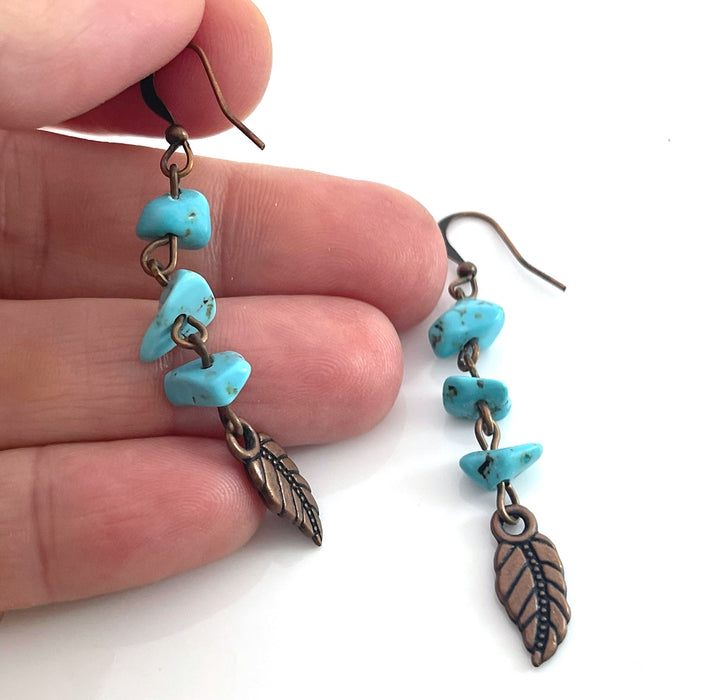 Turquoise & Copper Feather Earrings – Boho Gemstone Dangle Earrings, Handmade 2” Drops