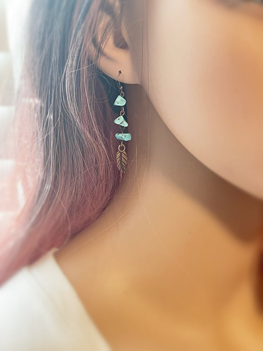 Turquoise & Copper Feather Earrings – Boho Gemstone Dangle Earrings, Handmade 2” Drops