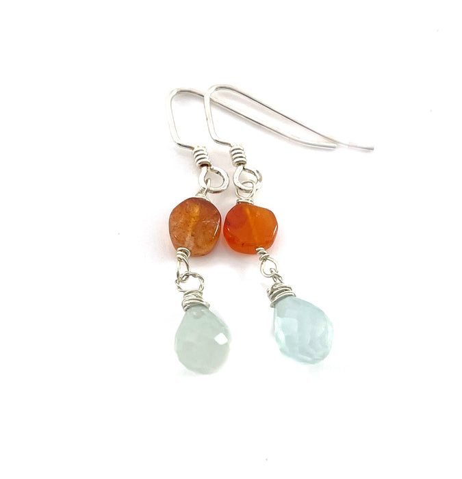 Aquamarine & Carnelian Earrings – Sterling Silver Wire Wrapped Gemstone Dangles (1.5”)