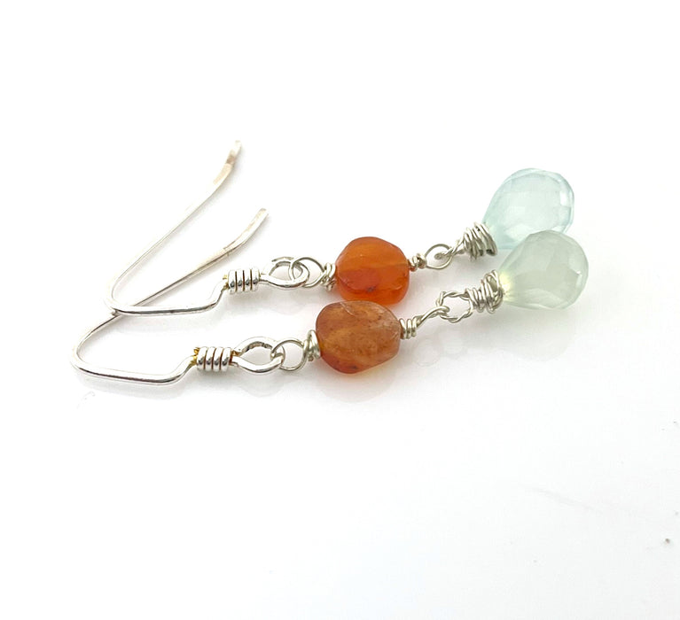 Aquamarine & Carnelian Earrings – Sterling Silver Wire Wrapped Gemstone Dangles (1.5”)