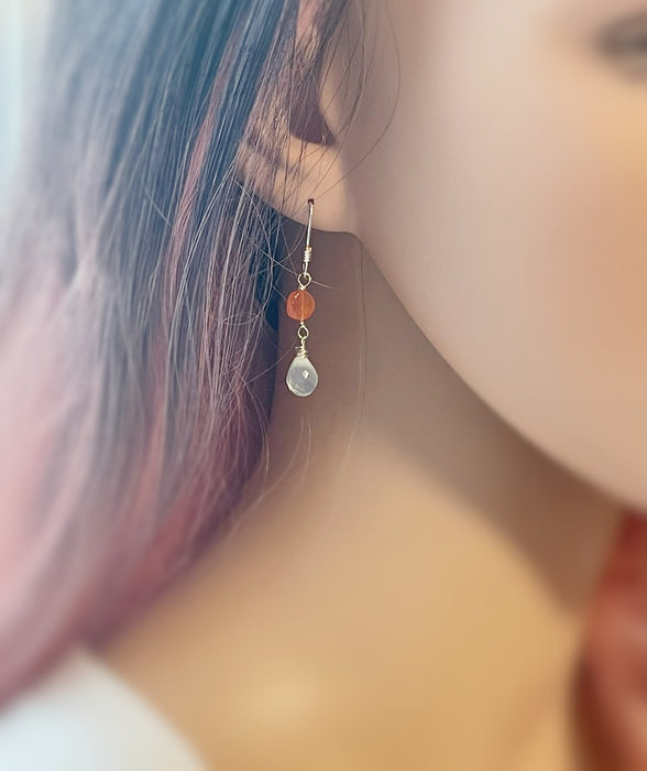 Aquamarine & Carnelian Earrings – Sterling Silver Wire Wrapped Gemstone Dangles (1.5”)