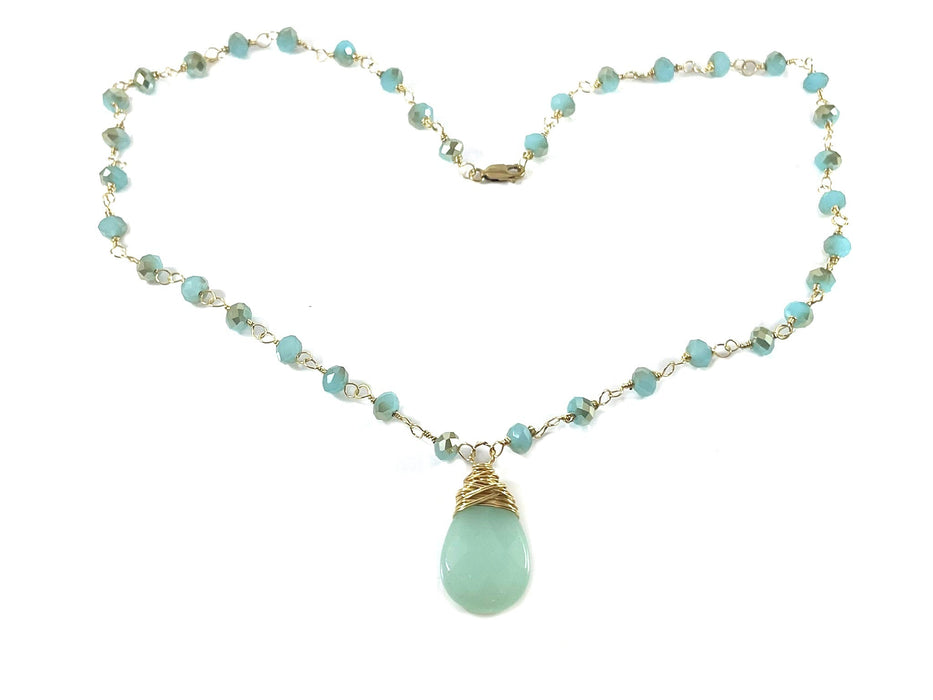Chalcedony Briolette Necklace – 14k Gold Filled Wire Wrapped Statement Necklace with Czech Glass Beads (One of a Kind, 21”)