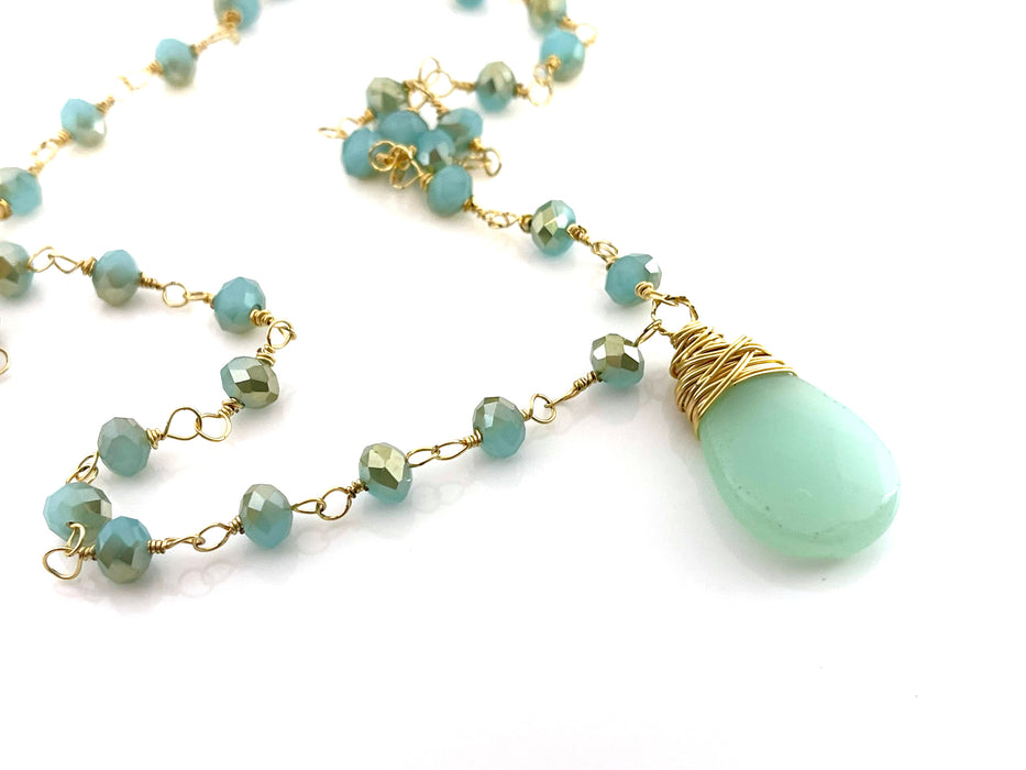 Chalcedony Briolette Necklace – 14k Gold Filled Wire Wrapped Statement Necklace with Czech Glass Beads (One of a Kind, 21”)