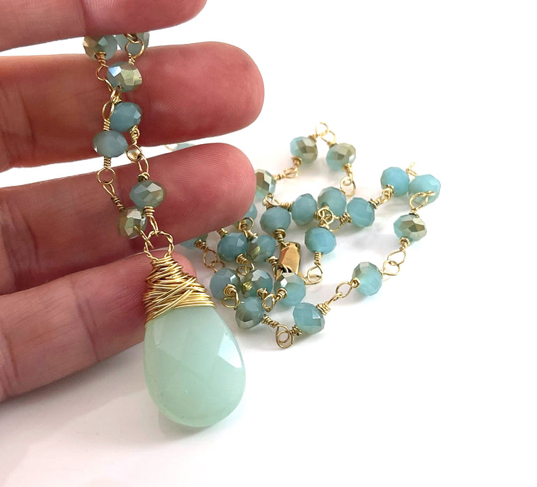 Chalcedony Briolette Necklace – 14k Gold Filled Wire Wrapped Statement Necklace with Czech Glass Beads (One of a Kind, 21”)