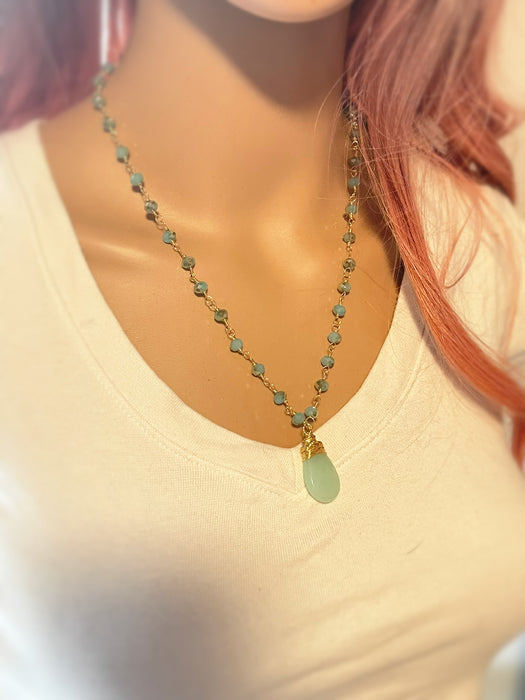 Chalcedony Briolette Necklace – 14k Gold Filled Wire Wrapped Statement Necklace with Czech Glass Beads (One of a Kind, 21”)