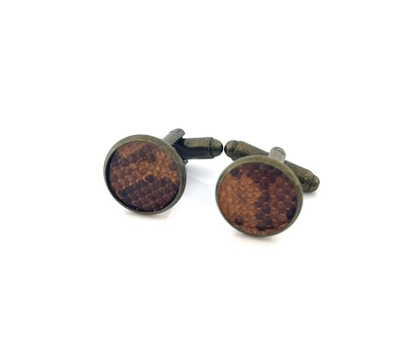 Upcycled Snakeskin Cufflinks – Brown Leather Brass Cufflinks for Him, Handmade 13mm Round Design
