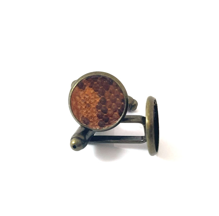 Upcycled Snakeskin Cufflinks – Brown Leather Brass Cufflinks for Him, Handmade 13mm Round Design