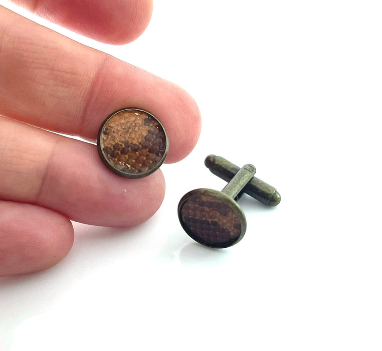 Upcycled Snakeskin Cufflinks – Brown Leather Brass Cufflinks for Him, Handmade 13mm Round Design