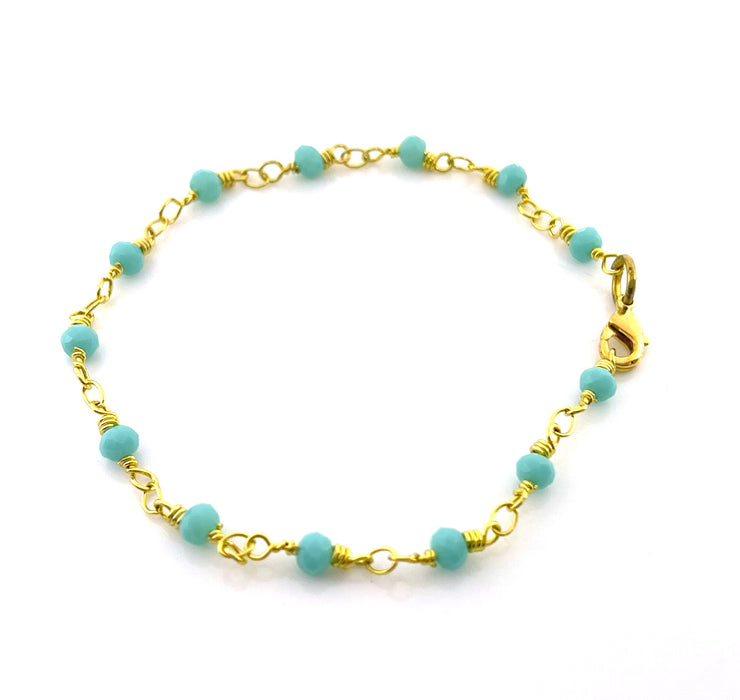 Aqua Czech Glass Bead Rosary Bracelet – Gold Plated Chain, 7.5" Stacking Bracelet, Handmade in Raleigh