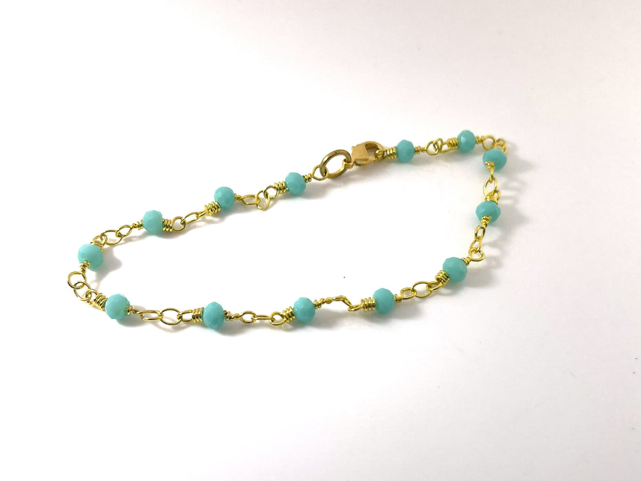 Aqua Czech Glass Bead Rosary Bracelet – Gold Plated Chain, 7.5" Stacking Bracelet, Handmade in Raleigh