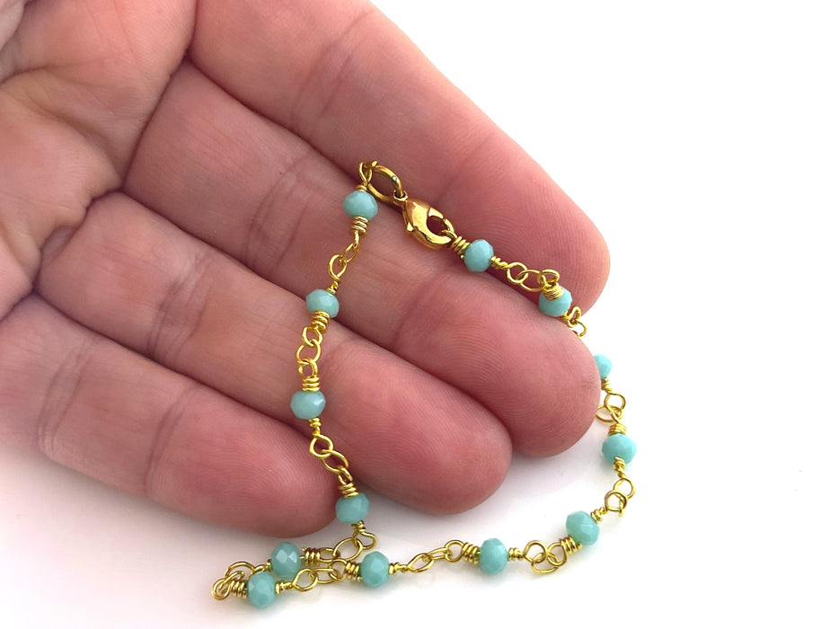 Aqua Czech Glass Bead Rosary Bracelet – Gold Plated Chain, 7.5" Stacking Bracelet, Handmade in Raleigh