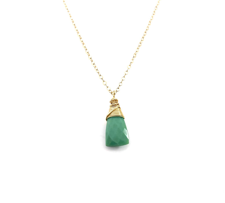 Chrysoprase Wire Wrapped Necklace – Green Gemstone Briolette, 14k Gold Filled, 16" Handmade Chain