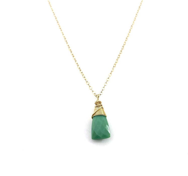 Chrysoprase Wire Wrapped Necklace – Green Gemstone Briolette, 14k Gold Filled, 16" Handmade Chain