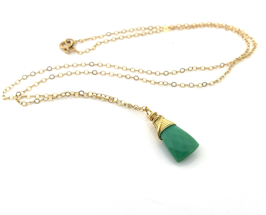 Chrysoprase Wire Wrapped Necklace – Green Gemstone Briolette, 14k Gold Filled, 16" Handmade Chain
