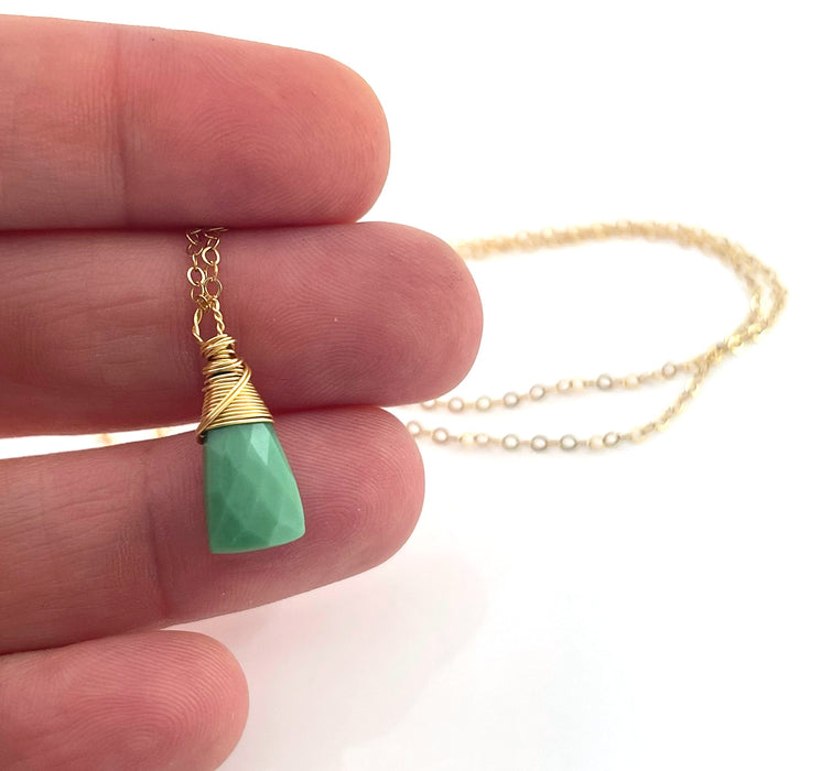 Chrysoprase Wire Wrapped Necklace – Green Gemstone Briolette, 14k Gold Filled, 16" Handmade Chain