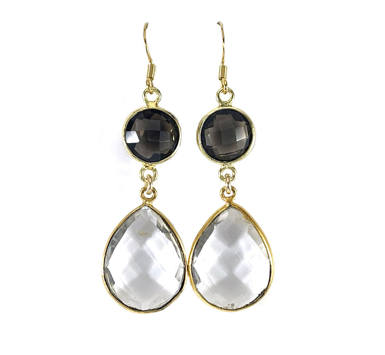 Smokey Quartz & Clear Quartz Drop Earrings – 14k Gold Filled, 2" Dangle, Handmade in Raleigh
