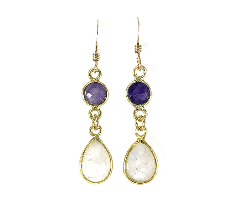 Amethyst & Moonstone Dangle Earrings – 14k Gold Filled, 1.5" Handmade in Raleigh