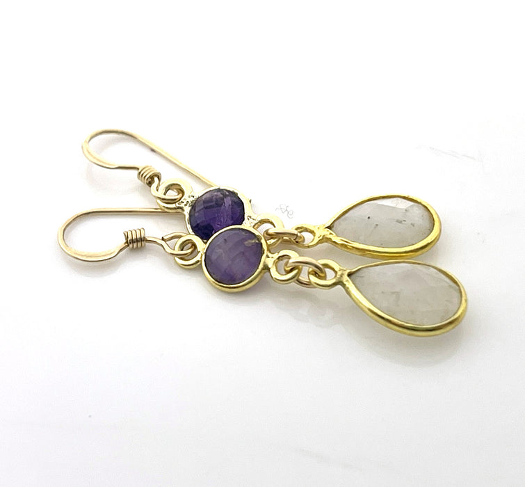 Amethyst & Moonstone Dangle Earrings – 14k Gold Filled, 1.5" Handmade in Raleigh